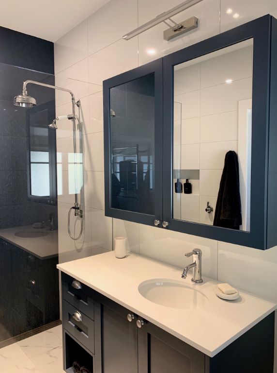 Modern Classic Bathroom with Dark Grey Feature Wall and Vanity